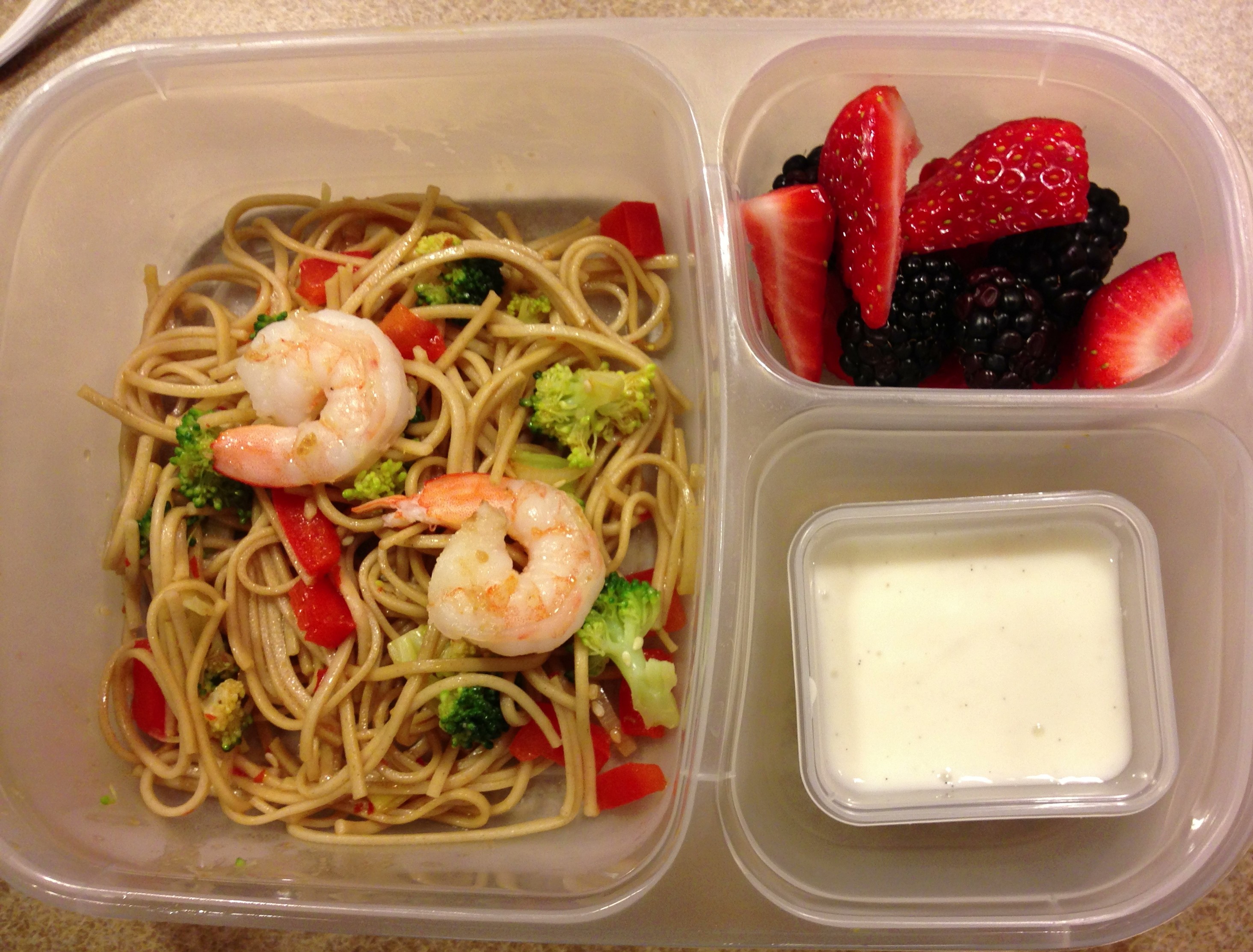 Leftover Spicy Soba Noodles with broccoli, leeks, red bell pepper and shrimp, vanilla bean yogurt and strawberries and blackberries