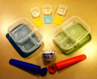 All these items can be found at Amazon.com or EasyLunchBoxes.com. The blue and red cones are silicone tubes with screw caps. We fill them with smoothies, freeze them overnight, and by lunch time, it has thawed out enough to squeeze and enjoy.